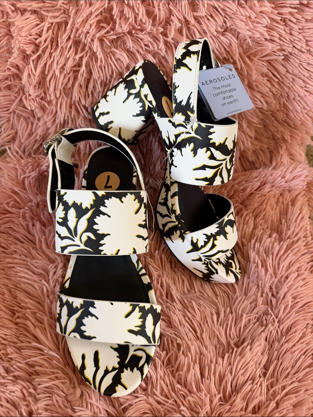 AEROSOLES White and Black Floral Block Heel Sandals